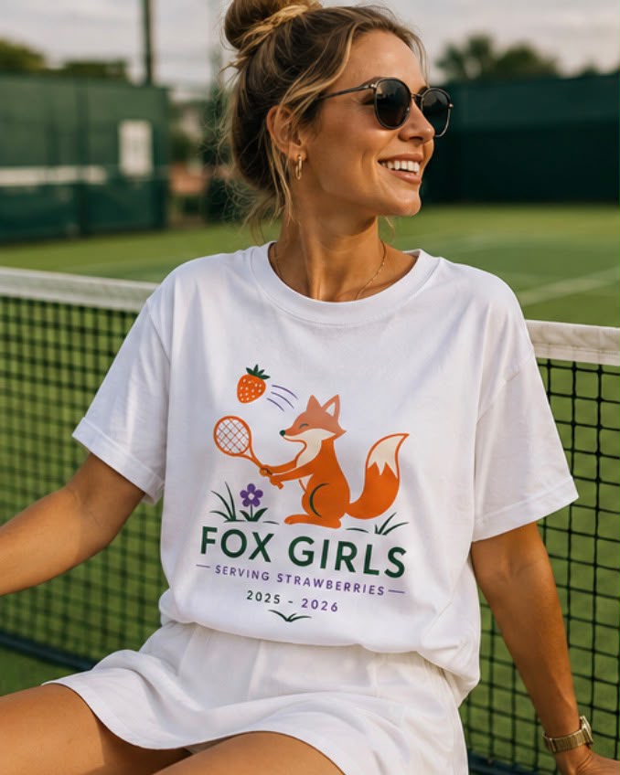Modella con t-shirt Fox Girls al campo da tennis